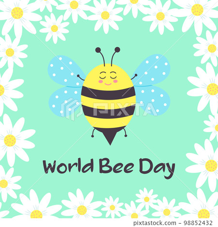 Cute smiling bee and chamomile frame. Postcard for World Bee Day. 98852432