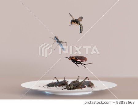 Edible insects on a plate. Crickets as snack, good source of protein. Entomophagy, insectivory concept. Fried insects. Close up view. 3D rendering. Edible insects on a plate. Crickets as snack, good source of protein. Entomophagy, insectivory concept. Fried insects. Close up view. 3D rendering. 98852662