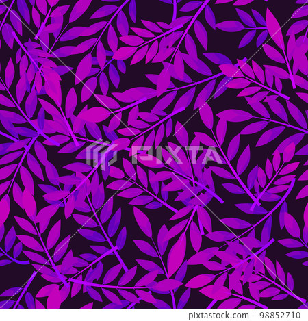 Purple and violet seamless pattern leafs on black background. 98852710