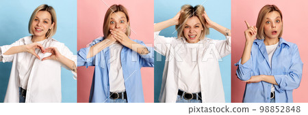 Collage made of portraits of young girl with diverse human facial expressions, emotions and feelings over blue-pink background. Love, anger, surprise and silence Collage made of portraits of young girl with diverse human facial expressions, emotions and feelings over blue-pink background. Love, anger, surprise and silence 98852848