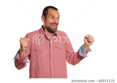 Middle-aged man with beard, mustache and short haircut posing isolated on white background. Sincere emotions concept. Middle-aged man with beard, mustache and short haircut posing isolated on white background. Sincere emotions concept. 98853129