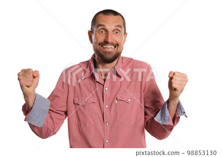 Middle-aged man with beard, mustache and short haircut posing isolated on white background. Sincere emotions concept. Middle-aged man with beard, mustache and short haircut posing isolated on white background. Sincere emotions concept. 98853130