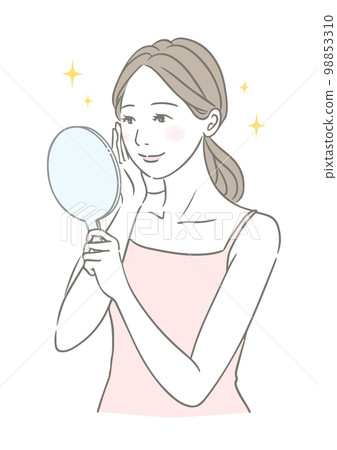 A smiling woman in good condition looking at a hand mirror Beauty image illustration A smiling woman in good condition looking at a hand mirror Beauty image illustration 98853310