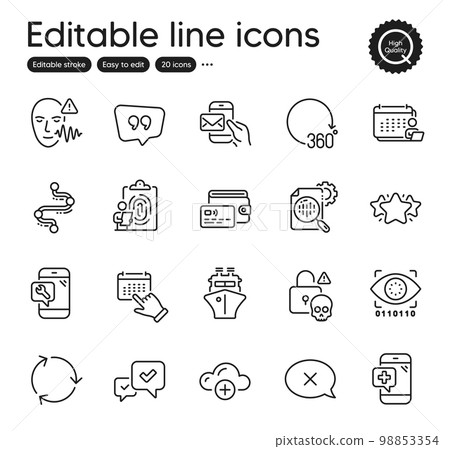 Set of Technology outline icons. Contains icons as Ship, Event click and Voice wave elements. Timeline, Seo stats, Phone repair web signs. Wallet, Quote bubble, Messenger mail elements. Vector 98853354