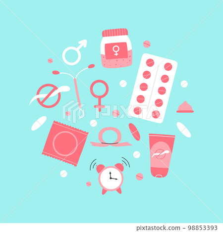 Types of contraception. Pills, calendar, patch, condom and coil. Vector illustration in a flat style. Poster with contraception.World contraception day. Methods of contraception. 98853393