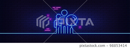 Neon light glow effect. Search people line icon. Find employee sign. Magnify glass. 3d line neon glow icon. Brick wall banner. Search people outline. Vector Neon light glow effect. Search people line icon. Find employee sign. Magnify glass. 3d line neon glow icon. Brick wall banner. Search people outline. Vector 98853414