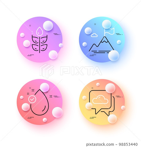 Vitamin e, Gluten free and Weather forecast minimal line icons. 3d spheres or balls buttons. Mountain flag icons. For web, application, printing. Oil drop, Bio ingredients, Cloudy. Vector Vitamin e, Gluten free and Weather forecast minimal line icons. 3d spheres or balls buttons. Mountain flag icons. For web, application, printing. Oil drop, Bio ingredients, Cloudy. Vector 98853440