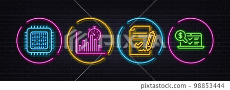 Report timer, Approved agreement and Cpu processor minimal line icons. Neon laser 3d lights. Online accounting icons. For web, application, printing. Vector Report timer, Approved agreement and Cpu processor minimal line icons. Neon laser 3d lights. Online accounting icons. For web, application, printing. Vector 98853444