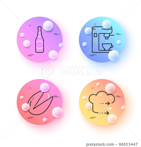 Pistachio nut, Food delivery and Beer bottle minimal line icons. 3d spheres or balls buttons. Coffee maker icons. For web, application, printing. Vegetarian food, Chef cook, Brewery. Vector 98853447