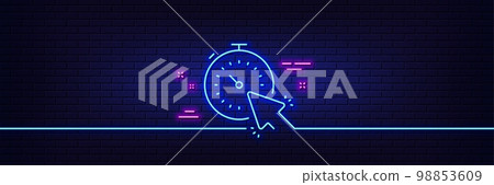 Neon light glow effect. Timer line icon. Time or clock sign. Mouse cursor symbol. 3d line neon glow icon. Brick wall banner. Timer outline. Vector 98853609