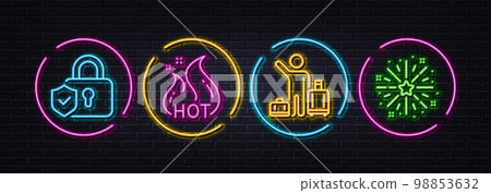 Airport transfer, Hot sale and Security lock minimal line icons. Neon laser 3d lights. Fireworks explosion icons. For web, application, printing. Vector 98853632