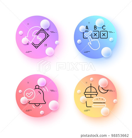 Correct checkbox, Notification received and Night eat minimal line icons. 3d spheres or balls buttons. Cashback icons. For web, application, printing. Answer, Alarm approved, Junk food. Vector 98853662