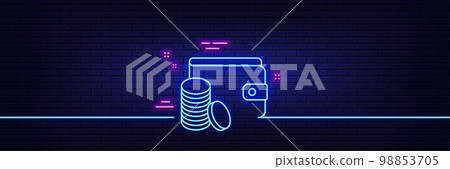 Neon light glow effect. Wallet with Coins line icon. Cash money sign. Payment method symbol. 3d line neon glow icon. Brick wall banner. Payment method outline. Vector 98853705