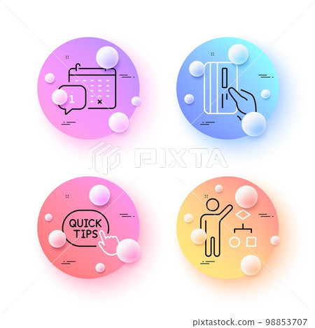 Payment card, Quick tips and Calendar minimal line icons. 3d spheres or balls buttons. Algorithm icons. For web, application, printing. Credit card, Helpful tricks, Appointment info. Vector 98853707