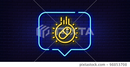 Neon light speech bubble. Capsule pill line icon. Medical drugs sign. Pharmacy medication symbol. Neon light background. Capsule pill glow line. Brick wall banner. Vector 98853708
