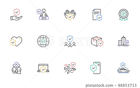 Insurance line icons set. Health care, risk, help service. Car accident, travel insurance, flight protection icons. Safety document, delivery risk. Car full coverage. Vector Insurance line icons set. Health care, risk, help service. Car accident, travel insurance, flight protection icons. Safety document, delivery risk. Car full coverage. Vector 98853713