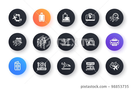 Airport icons set. Baggage claim, Boarding pass, Arrival and Departure. Connecting flight, tickets, pre-order food icons. Passport control, airport baggage carousel, inflight wifi. Vector Airport icons set. Baggage claim, Boarding pass, Arrival and Departure. Connecting flight, tickets, pre-order food icons. Passport control, airport baggage carousel, inflight wifi. Vector 98853735