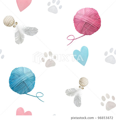Seamless watercolor pattern with pastel paw prints, hearts, toys and clews on white background 98853872