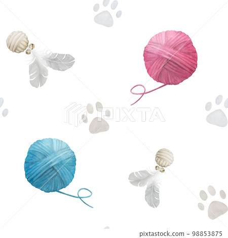 Seamless watercolor pattern with pastel paw prints, toys and clews on white background 98853875