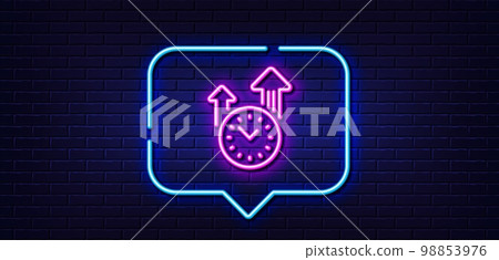 Neon light speech bubble. Time management line icon. Clock sign. Watch symbol. Neon light background. Time management glow line. Brick wall banner. Vector Neon light speech bubble. Time management line icon. Clock sign. Watch symbol. Neon light background. Time management glow line. Brick wall banner. Vector 98853976