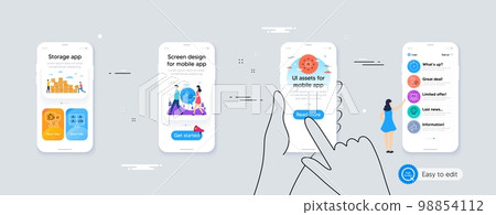Multichannel, Video conference and Photo thumbnail line icons for website, printing. Phone ui interface. Collection of Puzzle, Air balloon, Timer icons. Vector 98854112
