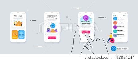 Outline set of Only you, Gift and Coupons line icons for web application. Phone ui interface. Include Road, Discounts bubble, Air balloon icons. Marriage rings, Map, Miss you web elements. Vector 98854114