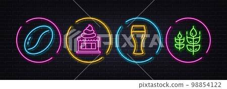 Ice cream, Beer glass and Coffee beans minimal line icons. Neon laser 3d lights. Gluten free icons. For web, application, printing. Sundae, Brewery beverage, Vegetarian seed. Bio ingredients. Vector 98854122