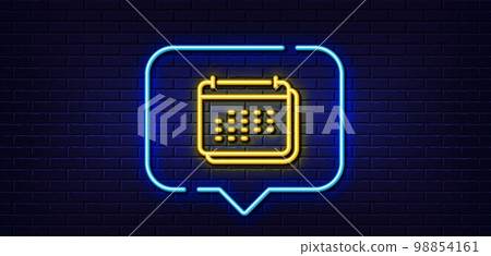 Neon light speech bubble. Calendar line icon. Annual planner sign. Event schedule symbol. Neon light background. Calendar glow line. Brick wall banner. Vector 98854161