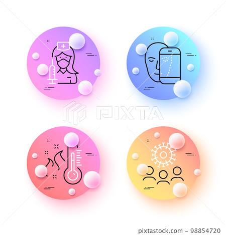 High thermometer, Coronavirus and Face biometrics minimal line icons. 3d spheres or balls buttons. Vaccination icons. For web, application, printing. Vector High thermometer, Coronavirus and Face biometrics minimal line icons. 3d spheres or balls buttons. Vaccination icons. For web, application, printing. Vector 98854720