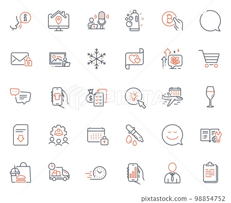 Business icons set. Included icon as Fast food, Engineering documentation and Speech bubble web elements. Wineglass, Text message, Fast delivery icons. Love letter, Engineering team. Vector 98854752