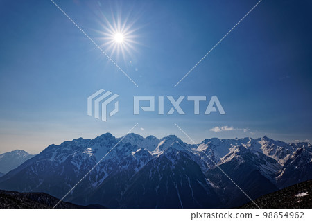 Afternoon sun and remaining snow seen from the Northern Alps, Mt. Chogatake, Hotaka mountain range 98854962