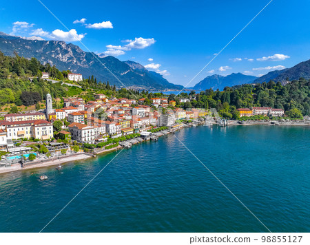 Aerial view of Bellagio village in Lake Como, in Italy. Aerial view of Bellagio village in Lake Como, in Italy. 98855127