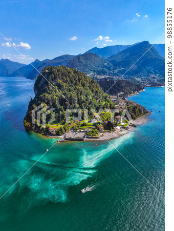 Aerial view of Bellagio village in Lake Como, in Italy. Aerial view of Bellagio village in Lake Como, in Italy. 98855176