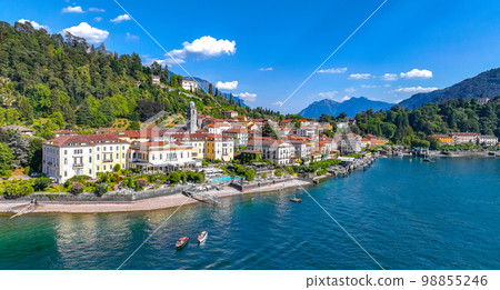 Aerial view of Bellagio village in Lake Como, in Italy. Aerial view of Bellagio village in Lake Como, in Italy. 98855246