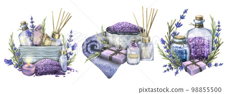 Handmade cosmetics, bath salts, soap, bombs with bottles, towels, lavender flowers and candles. Watercolor illustration. A set of compositions from the LAVENDER SPA collection. For decoration Handmade cosmetics, bath salts, soap, bombs with bottles, towels, lavender flowers and candles. Watercolor illustration. A set of compositions from the LAVENDER SPA collection. For decoration 98855500
