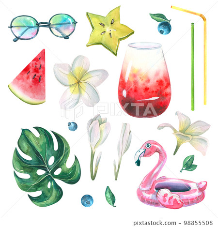 Alcoholic cocktail with tropical leaves, plumeria flowers, sunglasses, pink, inflatable flamingo, carmbola, watermelon and blueberries. Watercolor illustration. A set from the BEACH BAR collection. Alcoholic cocktail with tropical leaves, plumeria flowers, sunglasses, pink, inflatable flamingo, carmbola, watermelon and blueberries. Watercolor illustration. A set from the BEACH BAR collection. 98855508