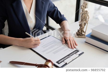 Judge gavel Justice lawyers, Business woman in suit or lawyer working on a documents. Legal law, advice and justice concept 98855702