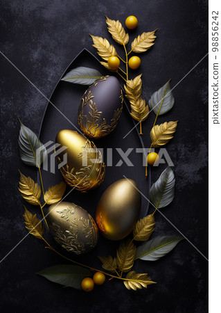 Golden easter egg. Golden and black eggs decoration. Easter decoration Golden easter egg. Golden and black eggs decoration. Easter decoration 98856242