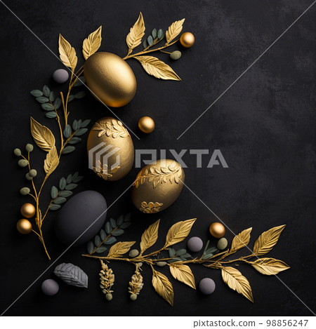 Golden easter egg. Golden and black eggs decoration. Easter decoration 98856247
