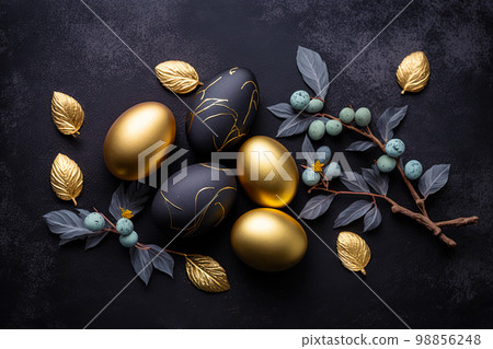 Golden easter egg. Golden and black eggs decoration. Easter decoration 98856248