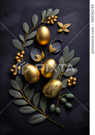 Golden easter egg. Golden and black eggs decoration. Easter decoration 98856249