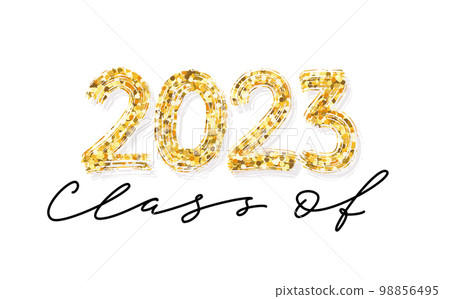 Class of 2023. Hand drawn graduate lettering gold glitter. Graduation 2023 logo. Template for graduation design 98856495