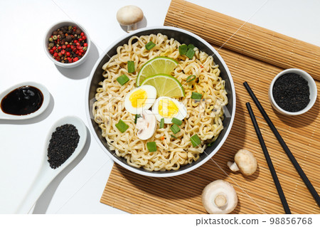 Concept of instant food, instant noodles, top view 98856768