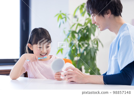 Girl receiving tooth brushing instruction from a dentist Girl receiving tooth brushing instruction from a dentist 98857148