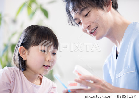 從牙醫那裡接受刷牙指導的女孩 從牙醫那裡接受刷牙指導的女孩 98857157