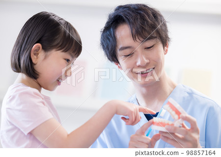 從牙醫那裡接受刷牙指導的女孩 從牙醫那裡接受刷牙指導的女孩 98857164