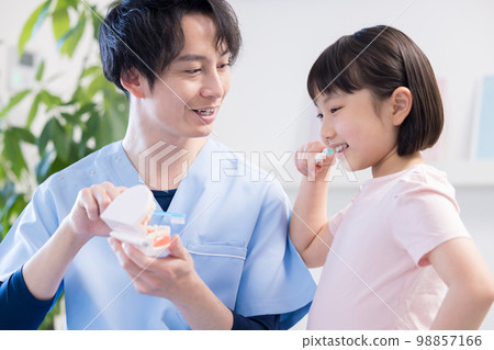 從牙醫那裡接受刷牙指導的女孩 從牙醫那裡接受刷牙指導的女孩 98857166