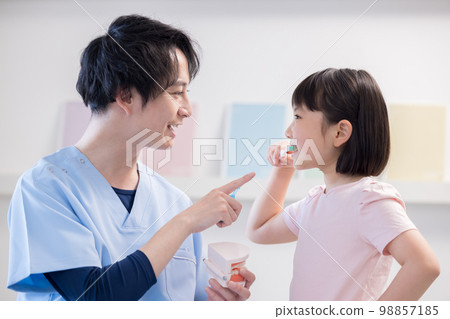 Girl receiving tooth brushing instruction from a dentist Girl receiving tooth brushing instruction from a dentist 98857185
