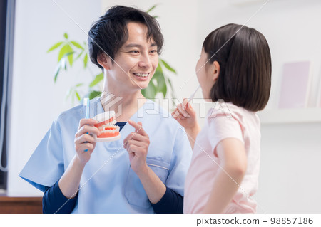 Girl receiving tooth brushing instruction from a dentist Girl receiving tooth brushing instruction from a dentist 98857186