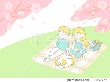 賞花一家人野餐坐在毯子上和一隻狗可愛簡單的手繪插畫 98857244